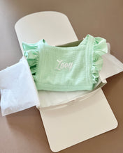 Load image into Gallery viewer, PEARL MINT RUFFLED ROMPER MUSLIN
